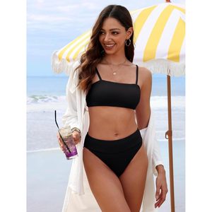 Women <b>Bikini</b> <b>Set</b> High Waist Tummy Control Ribbed 2 Piece Swimsuit Bandeau Beachwear - Product Image 4