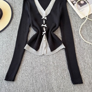 Cardigan en tricot à col carré et manches longues avec empiècements en dentelle, nouvelle version coréenne décontractée pour femme, printemps - Product Image 2