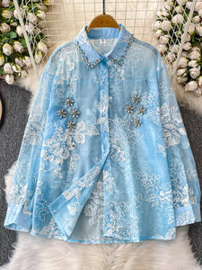 Camicia <span class=keywords><strong>in</strong></span> <span class=keywords><strong>Tulle</strong></span> con Ricami Elaborati, Protezione Solare, Maniche Lunghe, Moda Lussuosa per Donna, Primavera Estate - Product Image 1