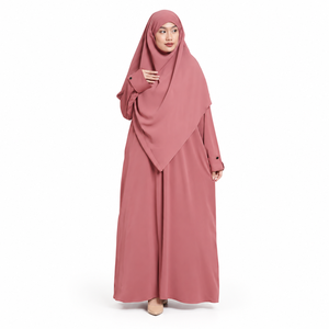 Elegante Conjunto de Khimar Abaya Color Durazno para Mujer, Algodón Marbella Premium, Largo, Holgado, Modesto, para Oración, en Caja de Regalo - Product Image 1