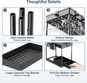 Organizador de Cocina y Baño al por Mayor, Cesta Deslizante Bajo Gabinete de 2 Niveles con Ganchos y Soportes Colgantes para Tazas y Palillos - Product Image 5