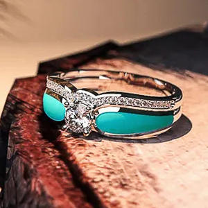 T0879 Women's 18K Solid <b>Gold</b> Engagement <b>Ring</b> With Round Brilliant Diamond Pave Setting And <b>Turquoise</b> Inlay - Product Image 2