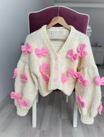 Cardigan tricoté pour femme à manches longues, motif floral brodé au crochet, avec nœud rose personnalisé, en maille épaisse, collection Hiver 2026