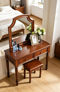 Classic Curved Frame Solid Wood Dressing Table Set 3 <b>Drawers</b> <b>Walnut</b> Bedroom Makeup Vanity Desk With Stool - Product Image 6