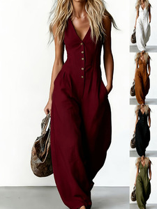 Tuta Intera Senza Maniche con Scollo a V Profondo e Bottoni Frontali, Gamba Larga con Tasche Laterali, Casual per Vacanze, per Donna - Product Image 1