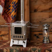 Poêle de tente portable à bois en gros avec cheminée, porte en verre métallique brossé, grilles pliantes, équipement de cuisson pour le camping