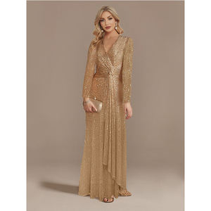 Luxus langärmlig V-Ausschnitt formelles Abendkleid Hochzeit Party Pailletten Damen Ball Cocktailkleider - Product Image 1