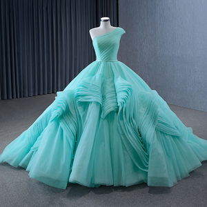 Robe de soirée élégante bleu turquoise pour Sweet 16, sans manches, longueur ras du sol, avec plis en dentelle 3D et volants Rsm231120 - Product Image 1