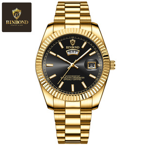 Reloj de Cuarzo de Lujo para <span class=keywords><strong>Hombre</strong></span>, Dorado, 40 mm, Bisel Estriado, Fecha, Doble Pantalla, Luminoso, Resistente al Agua 30 m, Acero Inoxidable - Product Image 6
