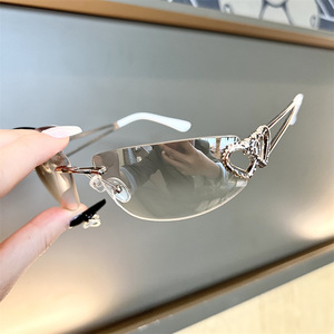 Rectangle Fashion Cat Eye Frameless <b>Sunglasses</b> Metal Heart Cutouts UV400 Women Sun Protection Fishing Outings Cycling Light - Product Image 1