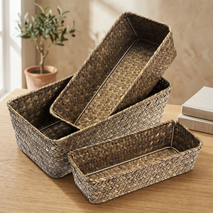 Rectangle Seagrass Woven Storage Baskets Set of 4 <b>Rustic</b> Kitchen Organization Containers for Neatening and Display - Product Image 2