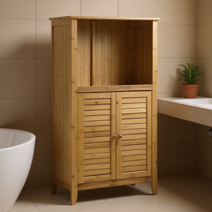 Mueble de Baño con Puertas de Listones de Madera de 2 Niveles, Almacenamiento Independiente, Rectangular, Acabado Barnizado - Product Image 2