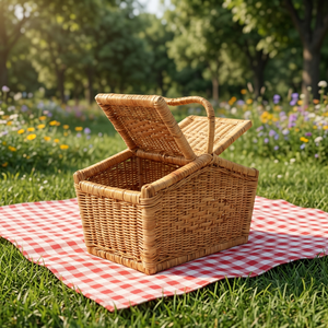 Panier de rangement en rotin avec couvercle et poignée, forme rectangulaire, fait main, pour salon, boîte d'organisation multi-usages - Product Image 2