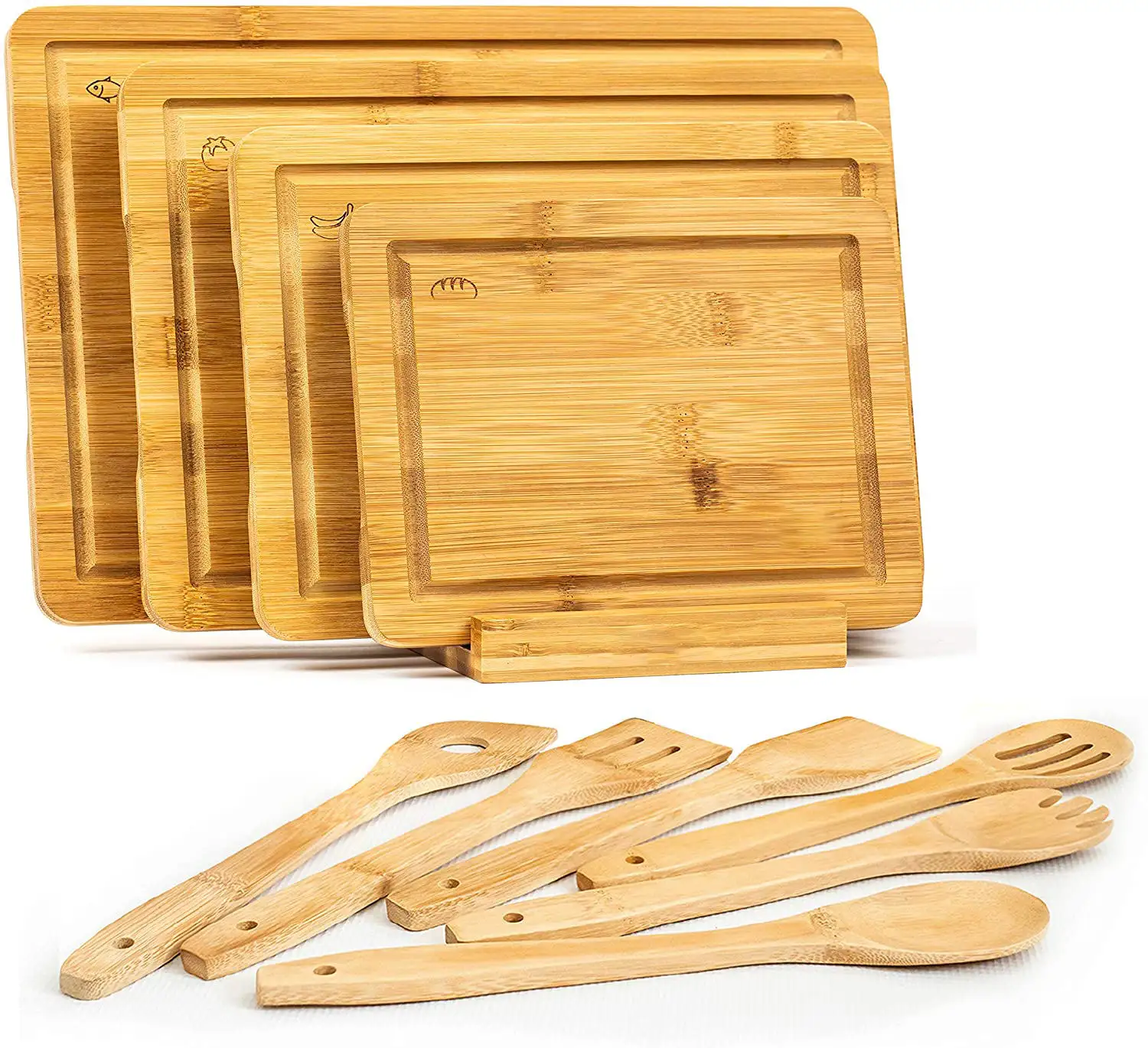 Ensemble de planche à découper en bois de bambou de taille personnalisée avec support, ustensile, planche à découper pour la cuisine