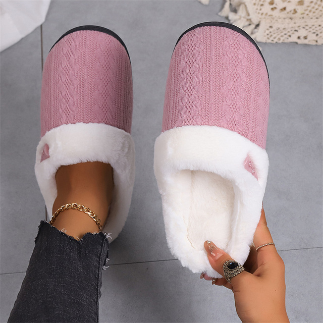 Women's Cozy Cable Knit Memory Foam House Shoes Plush Slides Slipper with Fuzzy Plush Collar