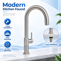 Robinet de cuisine moderne en acier inoxydable brossé, mitigeur monocommande monotrou à poser, eau chaude et froide