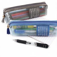 Trousse à crayons transparente en maille bleue et grise avec fermeture éclair métallique pour sac à main, pochette pour marqueurs, essentiels universitaires, fournitures scolaires