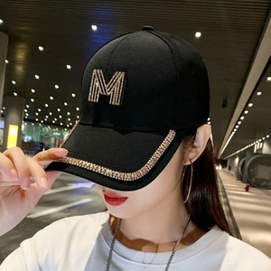 <b>Black</b> <b>Baseball</b> <b>Cap</b> With Rhinestone M Letter Adjustable Size Canvas Women's Hat Fashionable Simple Design - Product Image 1