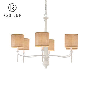 Lustre vintage style campagne française, métal blanc, abat-jour en lin naturel, LED 6 lumières, style rustique, corde, Donnybrook - Product Image 1