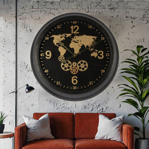 Horloge murale industrielle mécanique de luxe de 24 pouces à aiguilles mobiles, avec engrenages apparents, carte du monde <span class=keywords><strong>vintage</strong></span>, pour décoration de salon - Product Image 1