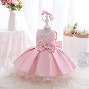 Toddler đám cưới màu trắng satin công chúa bé gái ăn mặc Bow 1 năm sinh nhật buổi tối bên trẻ sơ sinh christening ăn mặc cho cô gái mặc