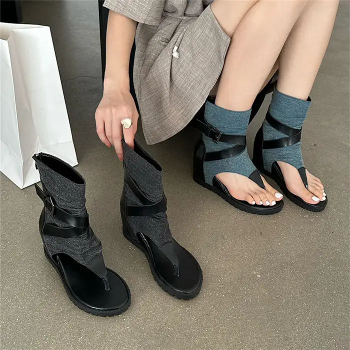 Clip-Toe Sandalen Damen Sommer New Wedge Heels Erhöhen Sie das Spleißen Stoff High-Top Cool Boots Retro Wedge Schuhe