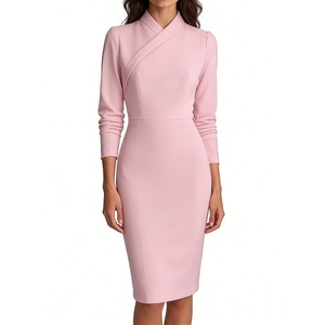 Robes longues crayon ajustées à manches longues de couleur unie pour femmes, tendance - Product Image 4