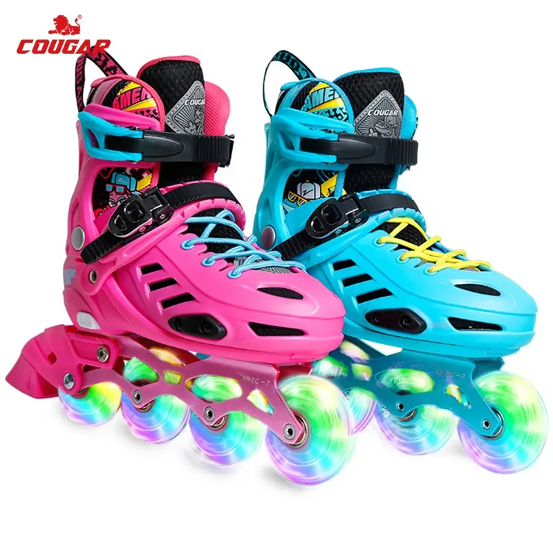 Cougar Professional Pink Blue Kids Women Good Quality Boys Girls Flashing Roller Adjustable Inline Skating