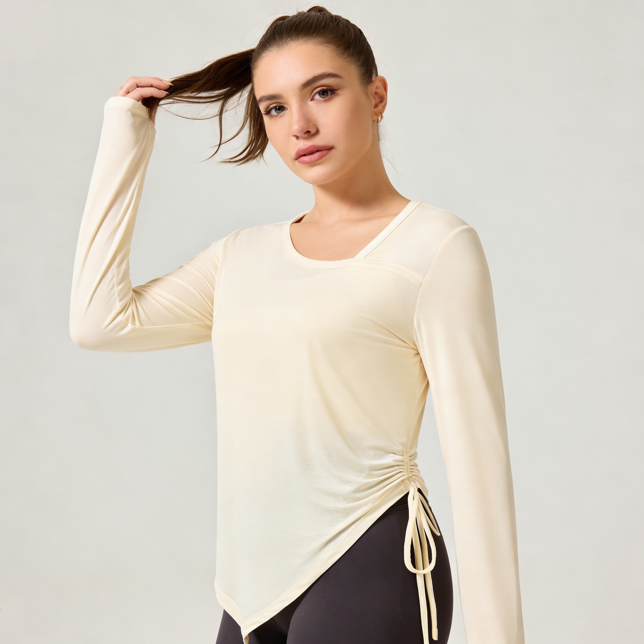 Breathable and Quick-drying Women's Spandex/Nylon Sports Tank Top Mesh Yoga Wear Large Size Pleated Pilates Long-sleeved