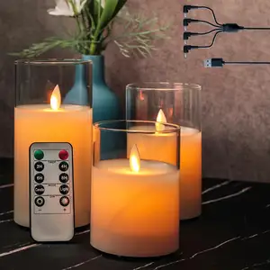 Velas electrónicas sin llama LED de cera Real, pilar de Control remoto recargable por USB, velas navideñas Bougie Kerzen con llama móvil