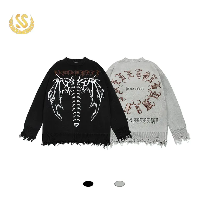 Custom Embroidery Jacquard Logo Knitted Sweater Men Long Sleeve O Neck Black Pullover Oversized Male Sweaters