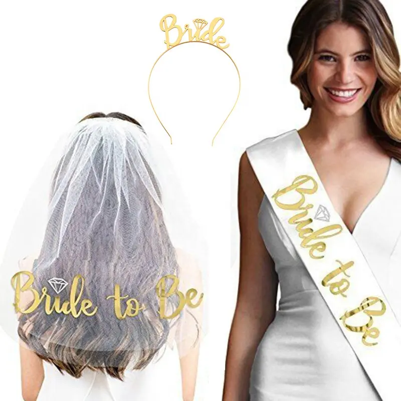 Bride to be sash headband tiara shoulder length veil set for wedding bachelorette bridal shower hen party decoration supplies