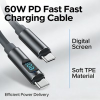 Cable TPE de Carga Súper Rápida de 60W, Tipo C a C, con Pantalla Digital