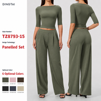 Set Olahraga Wanita Dingtai 2 Potong Lengan Sedang Celana Lebar Crop Top Berbahan Halus Pengontrol Perut Pengangkat Bokong Cepat Kering