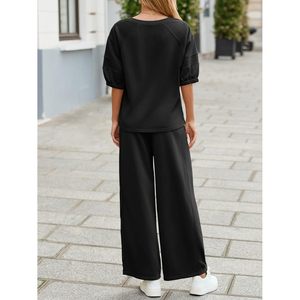 Fisoew Ensemble de survêtement 2 pièces pour femme, haut décontracté à col en V, pantalon à jambes larges, tenue de sport ample - Product Image 5