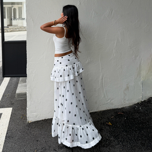 Jupe longue décontractée pour femme, style A, avec empiècements en maille contrastante et pois - Product Image 6