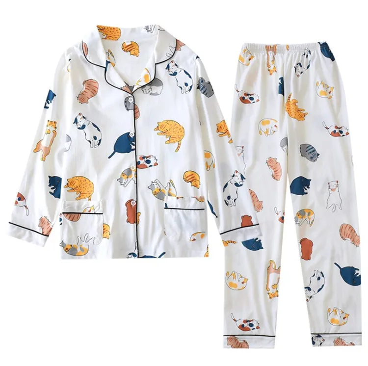 In stock Cartoon 100% Cotton Women Pajamas 2 Pieces Long Pants Homewear For Girls