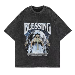 Stampa digitale Unisex personalizzata retrò 3D nero oversize Wash <span class=keywords><strong>t</strong></span>-<span class=keywords><strong>shirt</strong></span> uomo e donna Anime stile Vintage realizzato in cotone 100% - Product Image 1