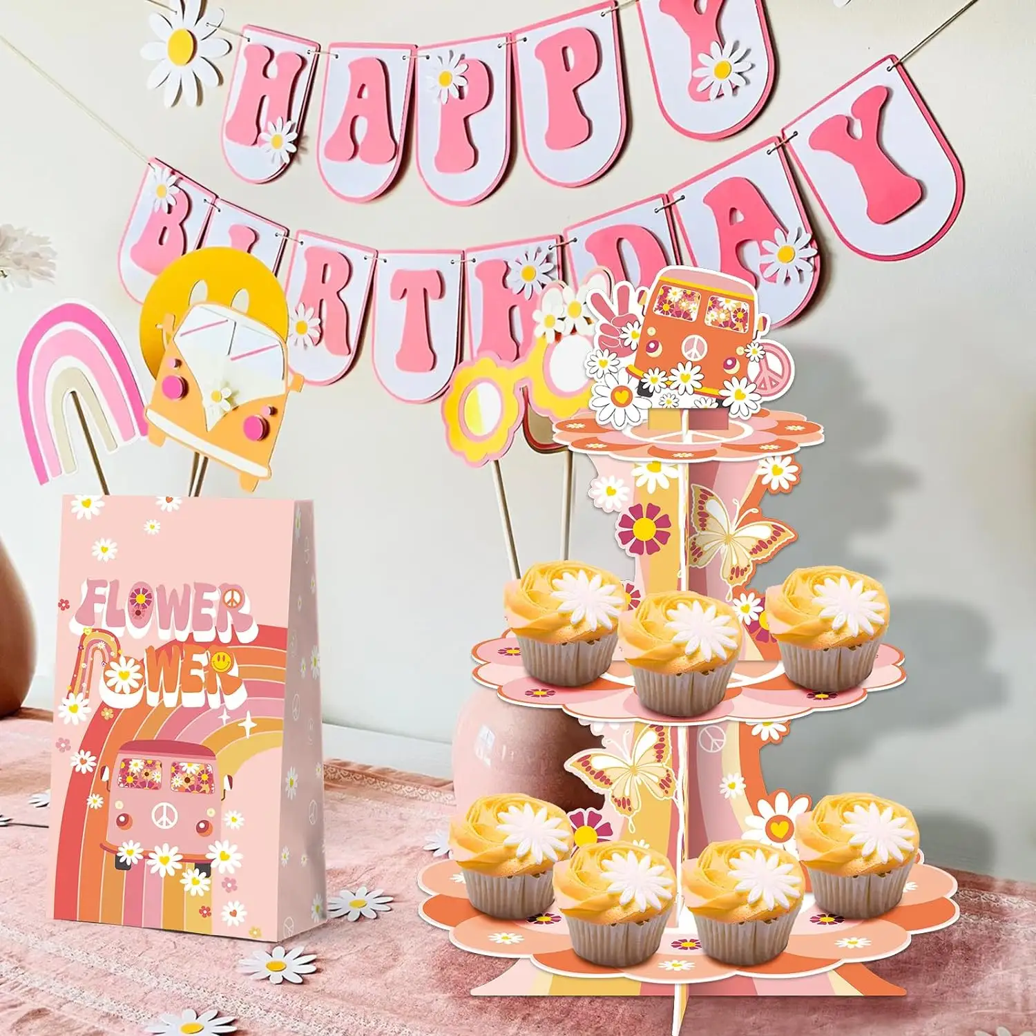 Retro Hippie Boho bunga aster pelangi pemegang Cupcake Groovy pesta Stan Cupcake untuk anak perempuan perlengkapan pesta ulang tahun liburan