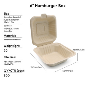 Boîte à hamburger en bagasse de canne à sucre compostable et biodégradable, sans PFAS, écologique, 6x6 pouces, micro-ondable, pour restauration rapide - Product Image 2