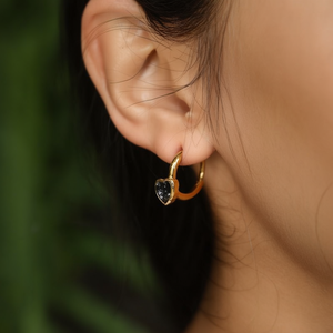 <b>Crystal</b> <b>Earrings</b> 316L Stainless Steel PVD Gold Plating Heart Shape Black Stone Huggie Hoop <b>Studs</b> For Women Jewelry - Product Image 3