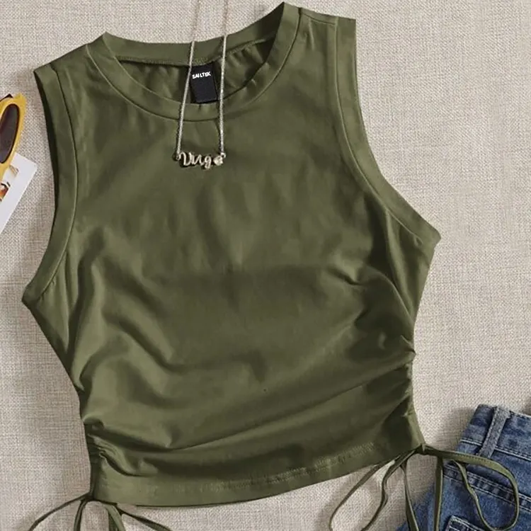 Women's Tank Tops - Ribbed Drawstring Side Ruched Basic Crop