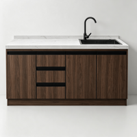 Cuisine modulaire OEM bleu Morandi avec évier intégré en acier inoxydable et plaque de cuisson à gaz |   Comptoir en marbre avec quincaillerie entièrement noire |   Moderne