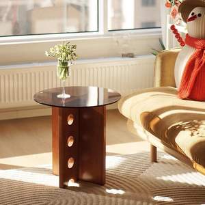 Mesa de Centro de Madera Maciza con Tapa de Vidrio Templado, Redonda, Moderna y Minimalista, Mesa Auxiliar para Sala de Estar - Product Image 5