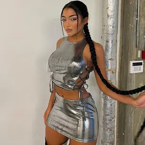 Y2k Cyber Punk Hai Mảnh Vòng Cổ Không Tay Bandage Crop Tops Và Ngắn Mini Bút Chì Váy Đặt Vàng Bạc Dresses Cho Phụ Nữ