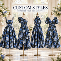 Robe midi personnalisée pour femme en satin à imprimé floral, avec corset, épaules dénudées, manches bouffantes et jupe ample, idéale pour les occasions