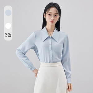 Women's Long Sleeve White Blouse Solid Color Poplin Office Wear Shirt Slim Fit V Neck Professional Elegant Spring Autumn - Product Image 2