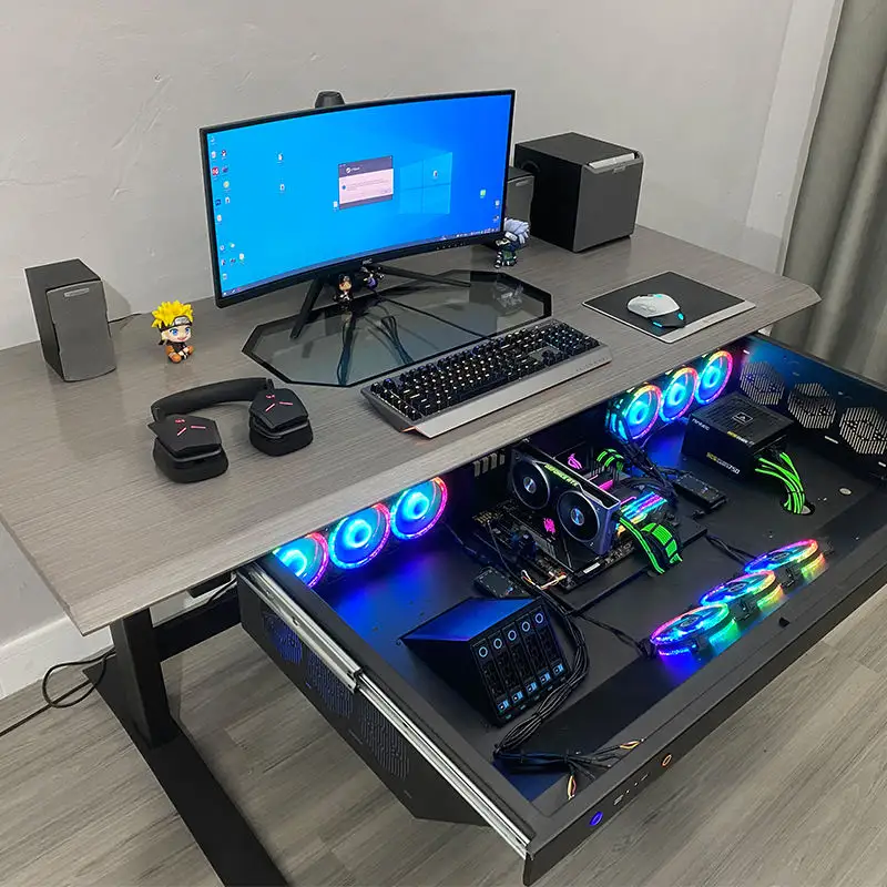 العلامة التجارية الجديدة درج قابل للسحب مكتب طاولة كمبيوتر RGB ATX مروحة تبريد ديي حالة ألعاب الكمبيوتر ومكتب اثنين في واحد كومبو