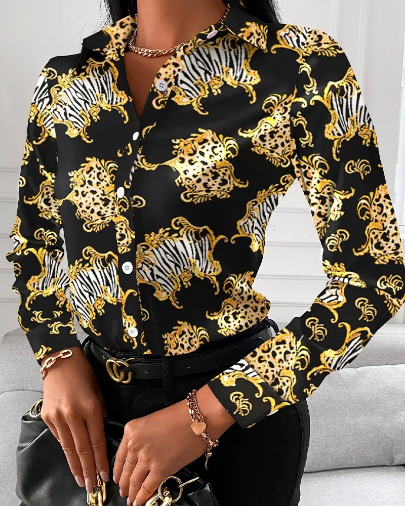 Office Ladies Elegant Chain Print Shirt Blouses Women Casual Shirts Long Sleeve Blouse Turn-down Collar Button Tops