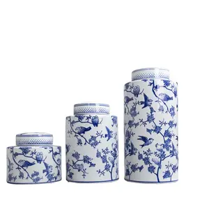 Disesuaikan Biru dan Putih Bulat Keramik Jahe Jar untuk Kue, Kopi Teh Gula Porselen Dapur Kontainer Cetak Penuh Disegel Jar